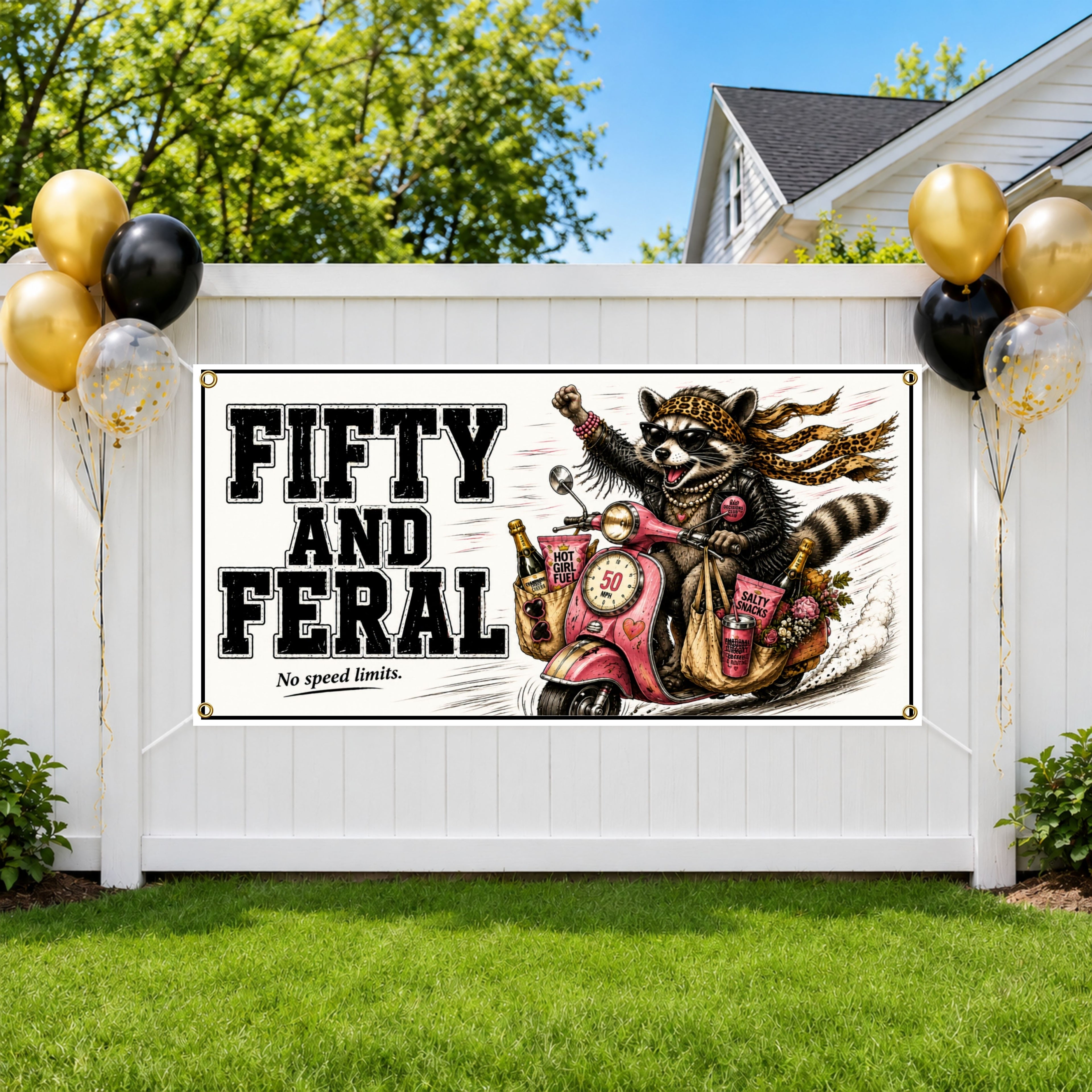 Funny 50th Birthday Banner, Fifty And Feral Sign, Scooter Party Backdrop
