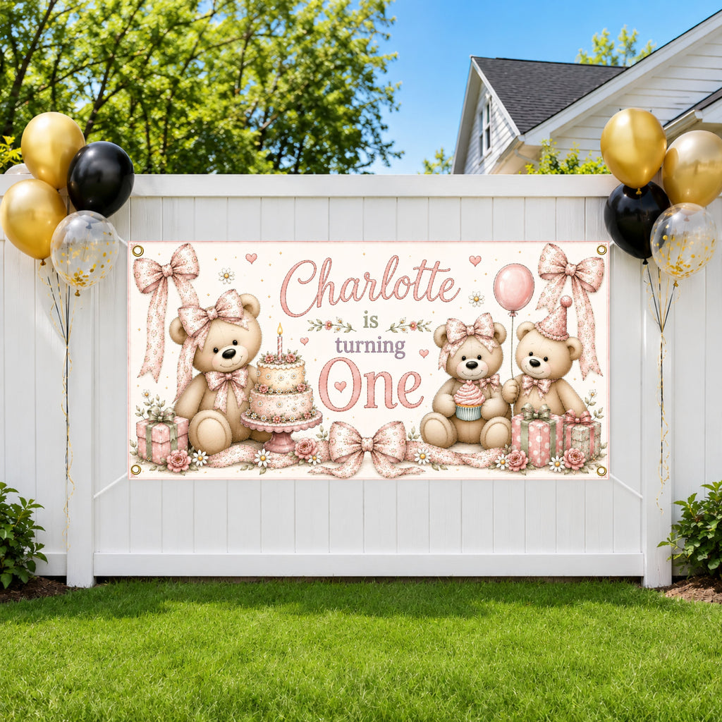 Personalized 1st Birthday Banner, Teddy Bear First Birthday Party Decoration, Custom One Birthday Sign for Girls