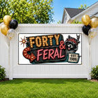 Funny 40th Birthday Banner, Feral Forty Neon Sign, Retro Party Backdrop