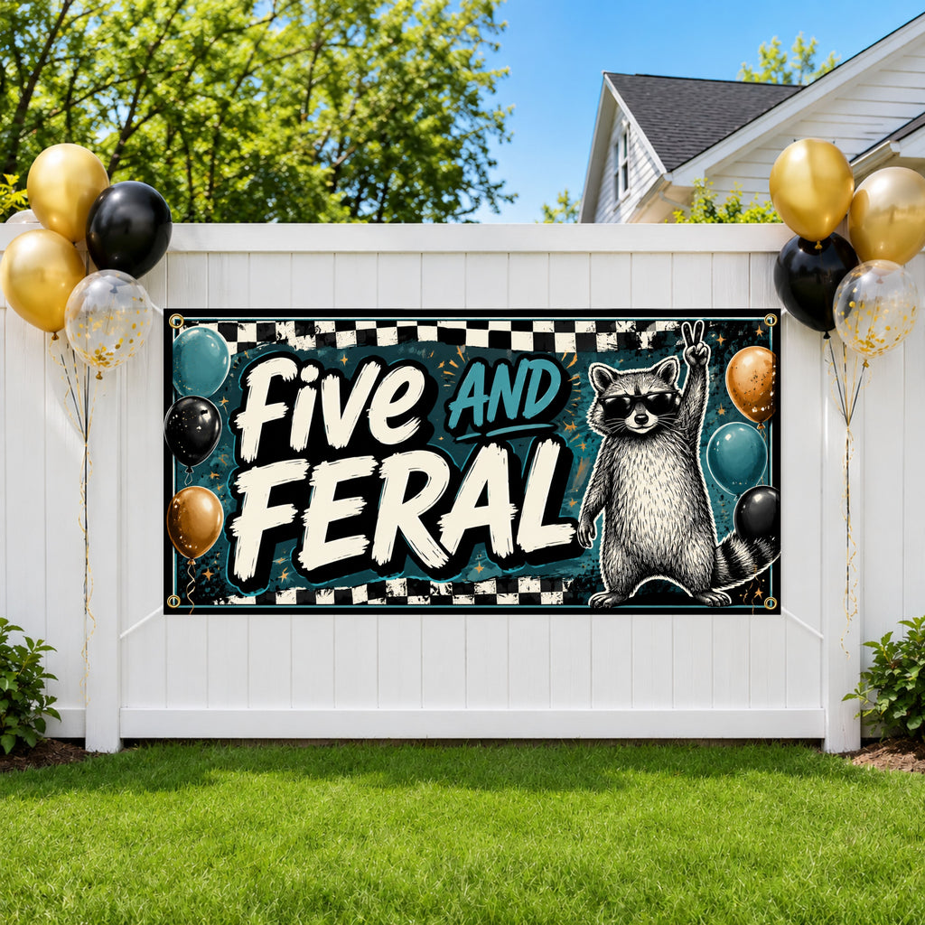 Funny 5th Birthday Banner, Five and Feral Raccoon Party Sign, Kids Birthday Backdrop