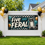 Funny 5th Birthday Banner, Five and Feral Raccoon Party Sign, Kids Birthday Backdrop