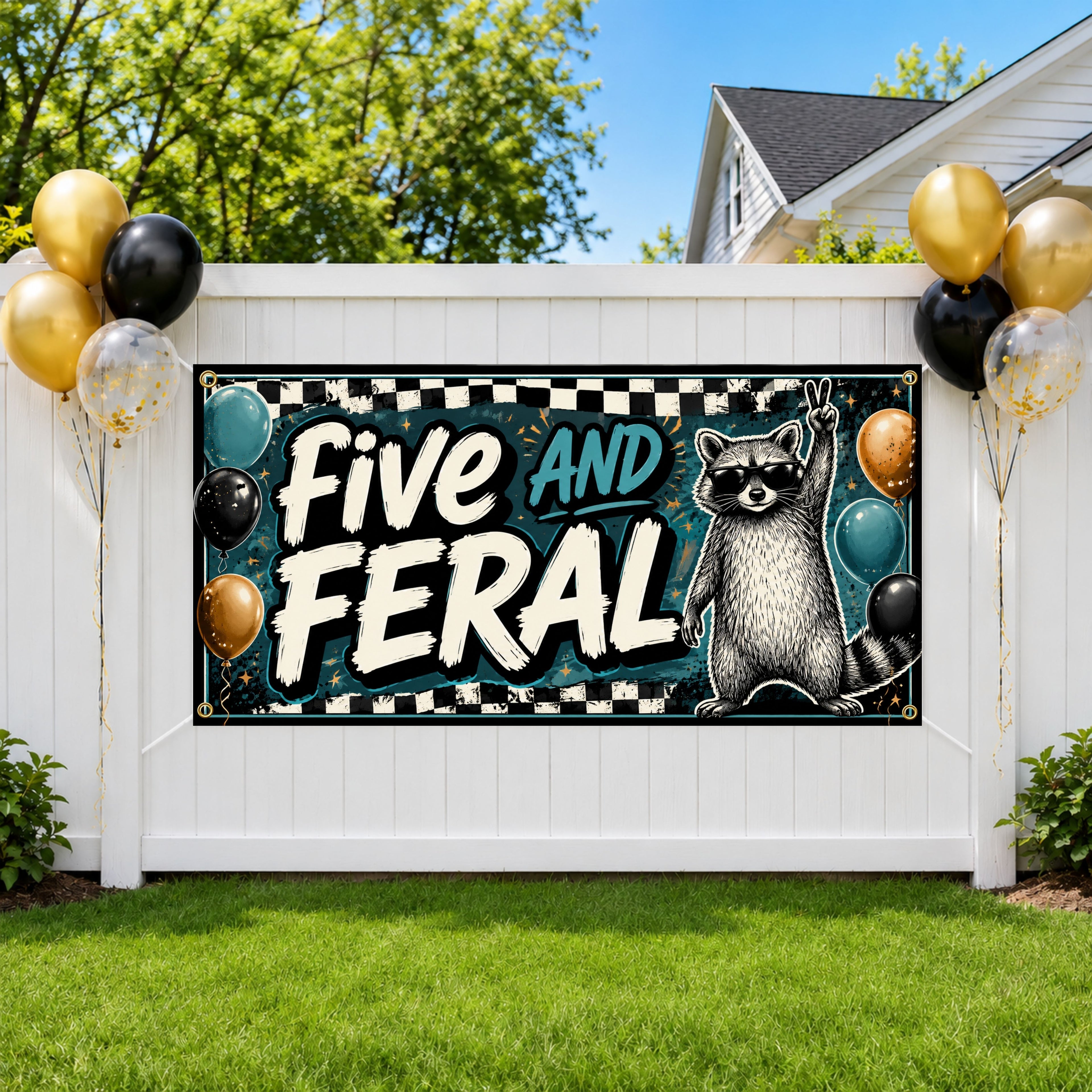 Funny 5th Birthday Banner, Five and Feral Raccoon Party Sign, Kids Birthday Backdrop