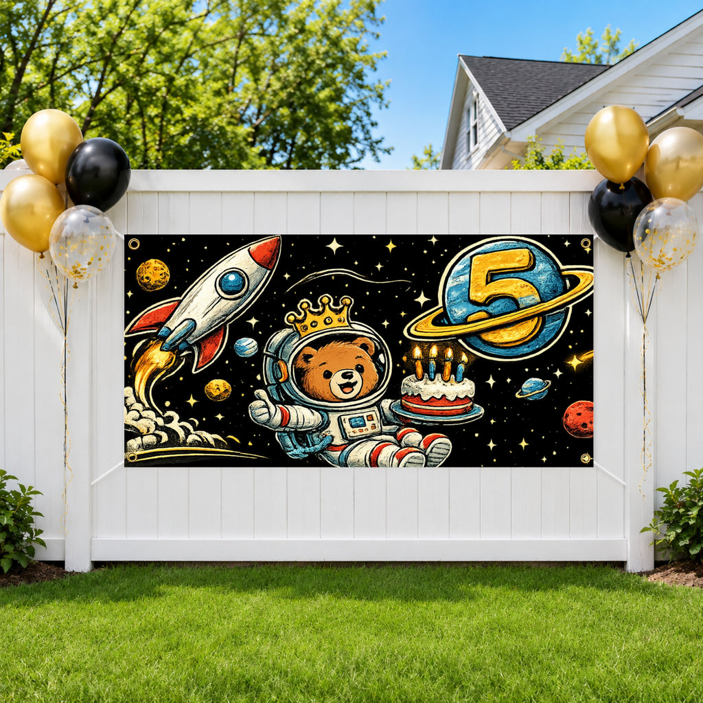 Space 5th Birthday Banner, Astronaut Bear Party Sign, Fifth Birthday Space Decor
