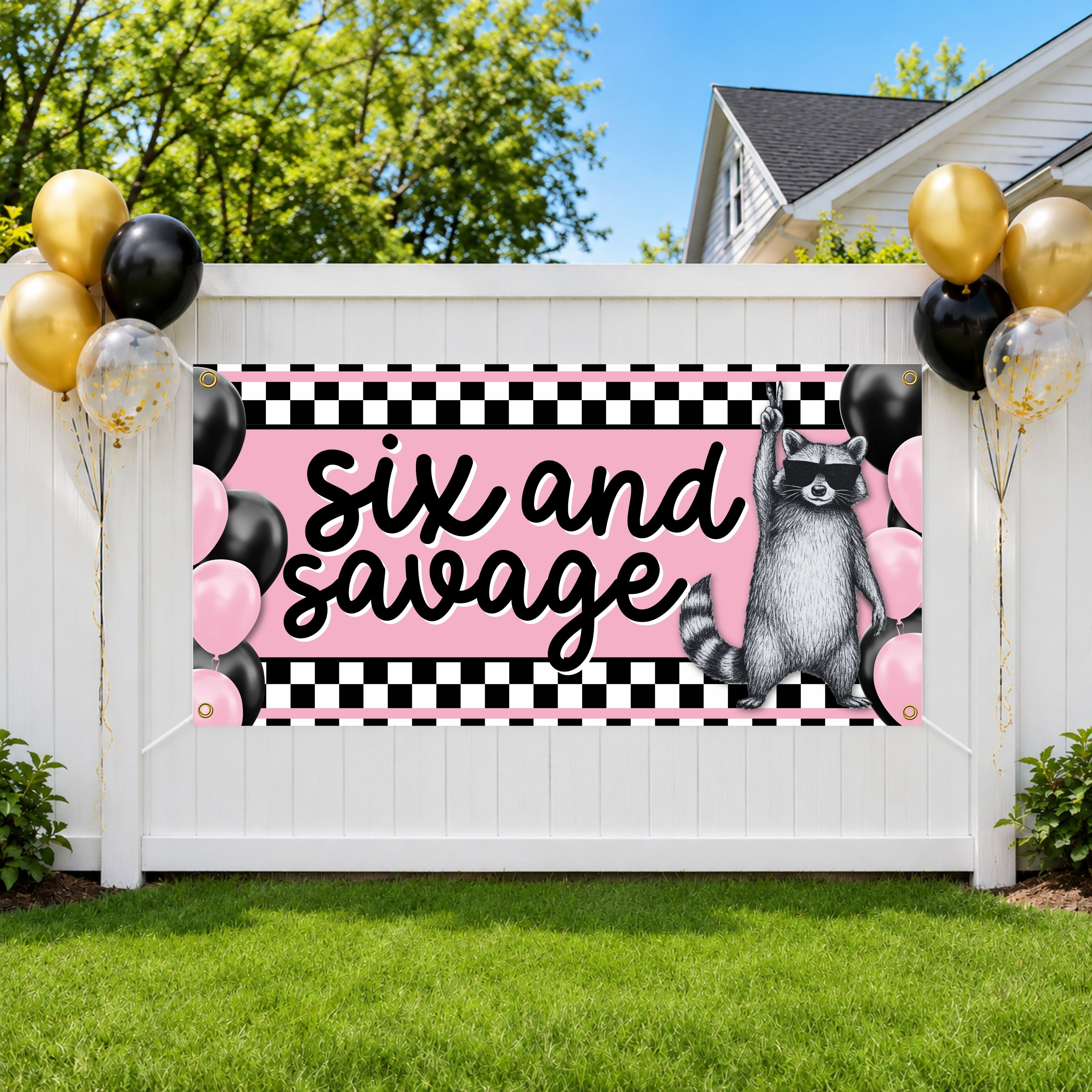 Sixth Birthday Banner, Six And Savage Party Sign, Raccoon Backdrop