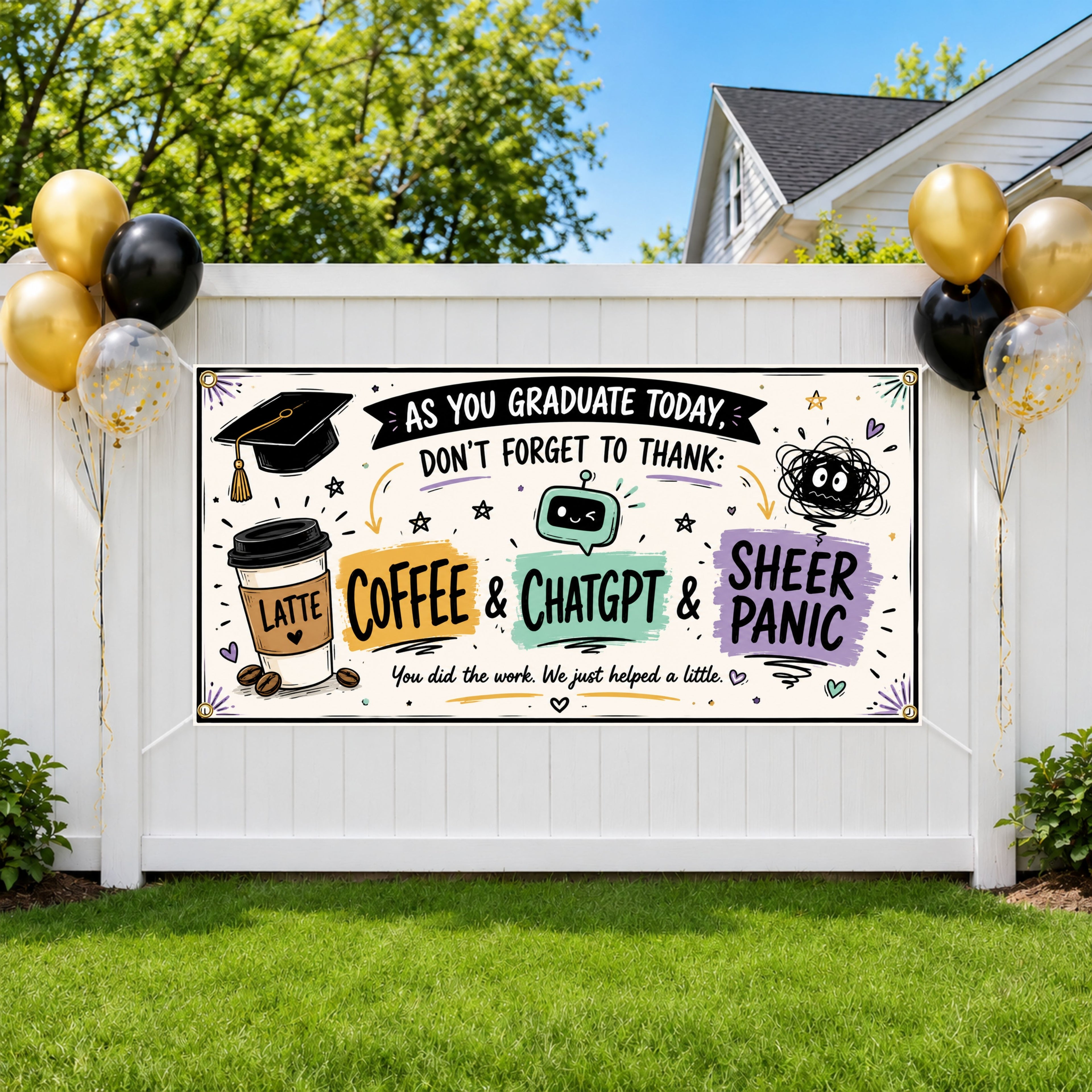Funny Graduation Banner, Graduate Party Sign, Coffee ChatGPT Backdrop