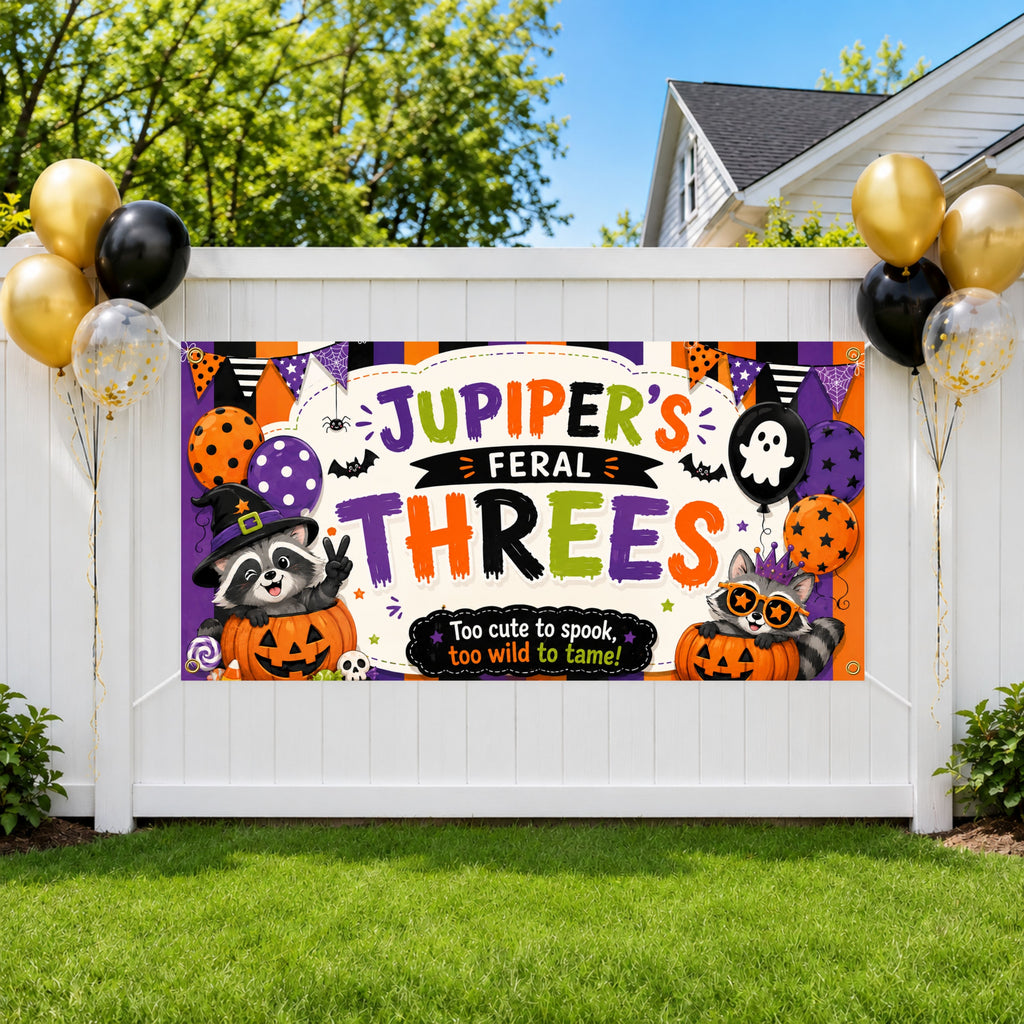 Personalized 3rd Birthday Banner, Feral Threes Raccoon Party Sign, Halloween Backdrop