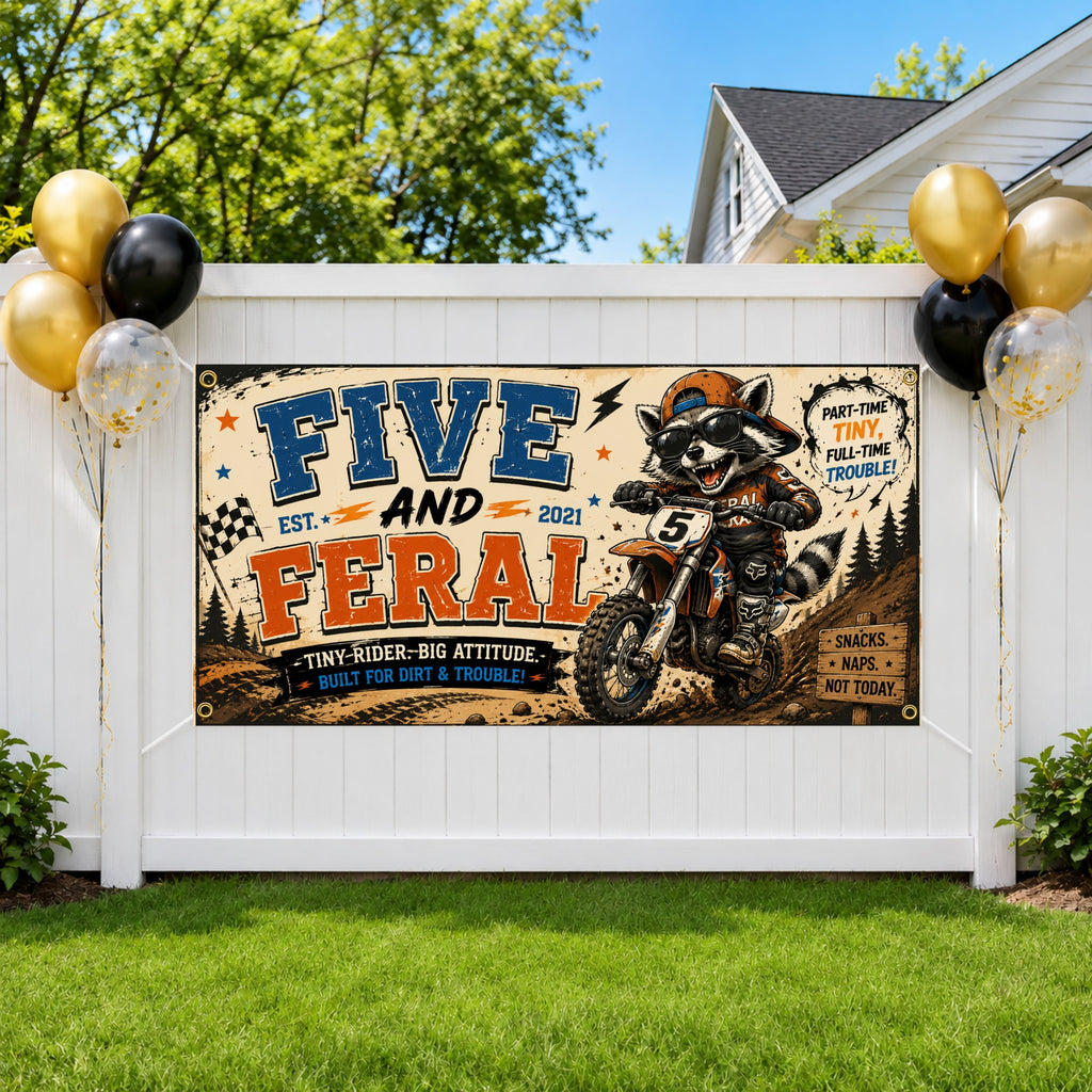 Funny 5th Birthday Banner, Dirt Bike Raccoon Sign, Personalized Kids Birthday Banner