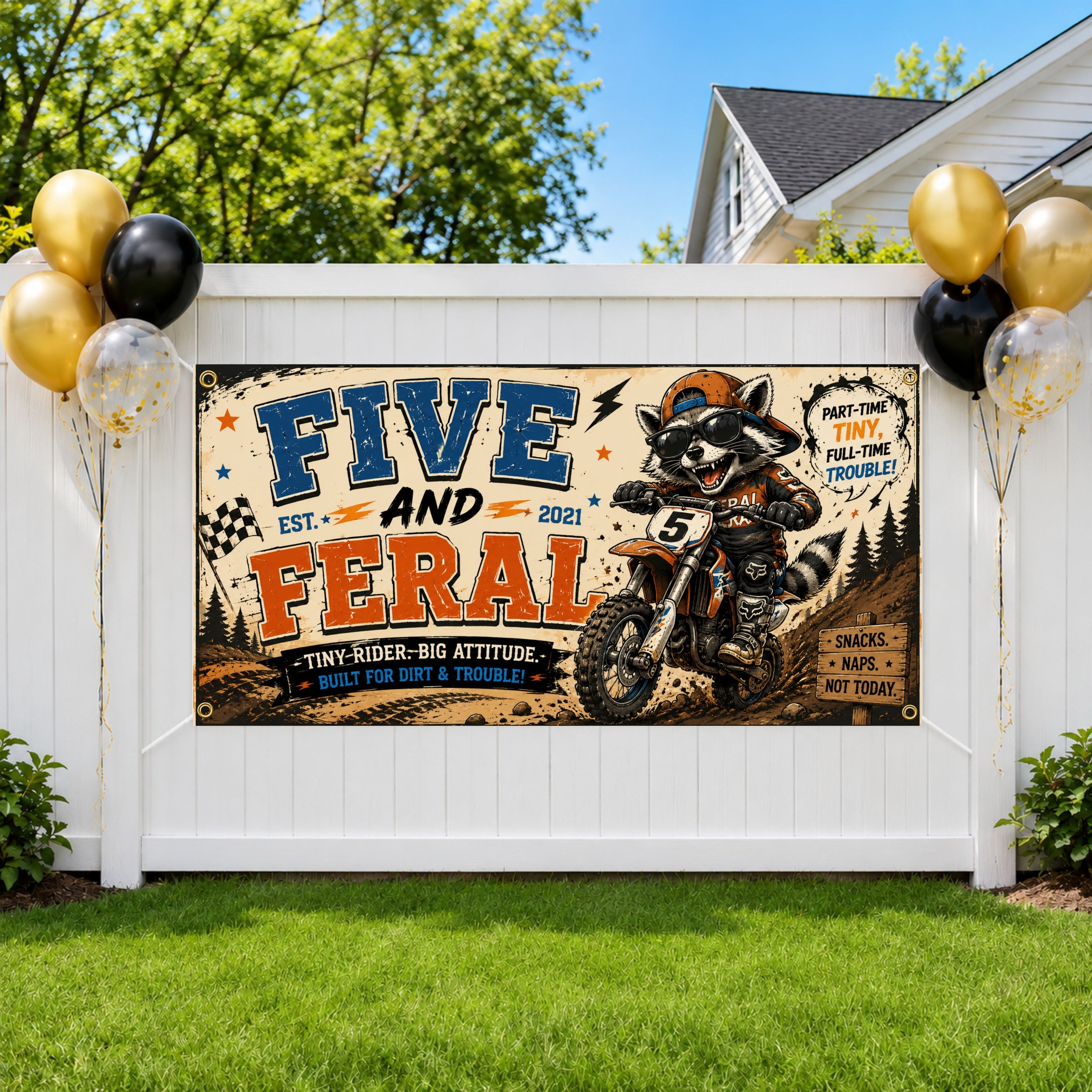 Funny 5th Birthday Banner, Dirt Bike Raccoon Sign, Personalized Kids Birthday Banner