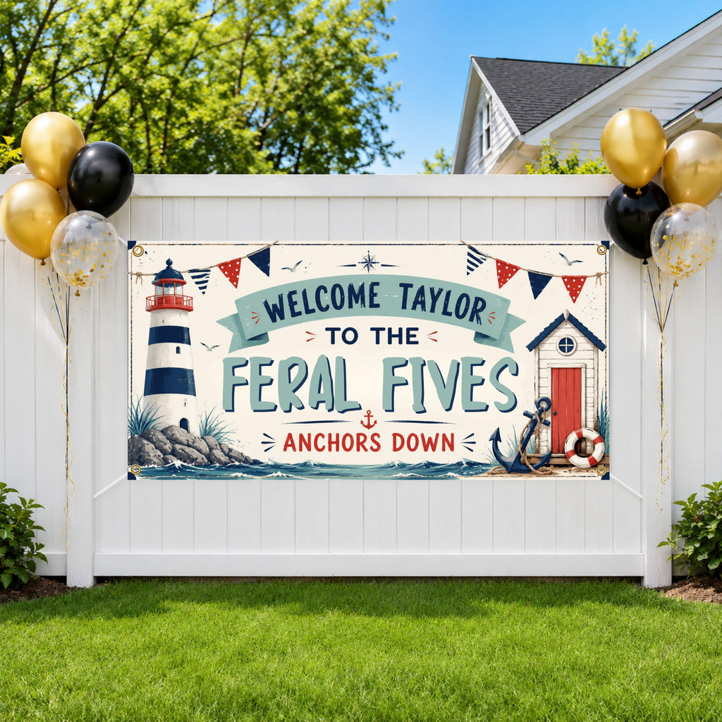 Nautical Birthday Banner, Five and 5 Year Old Beach Birthday Party Decor, Personalized Coastal Birthday Sign