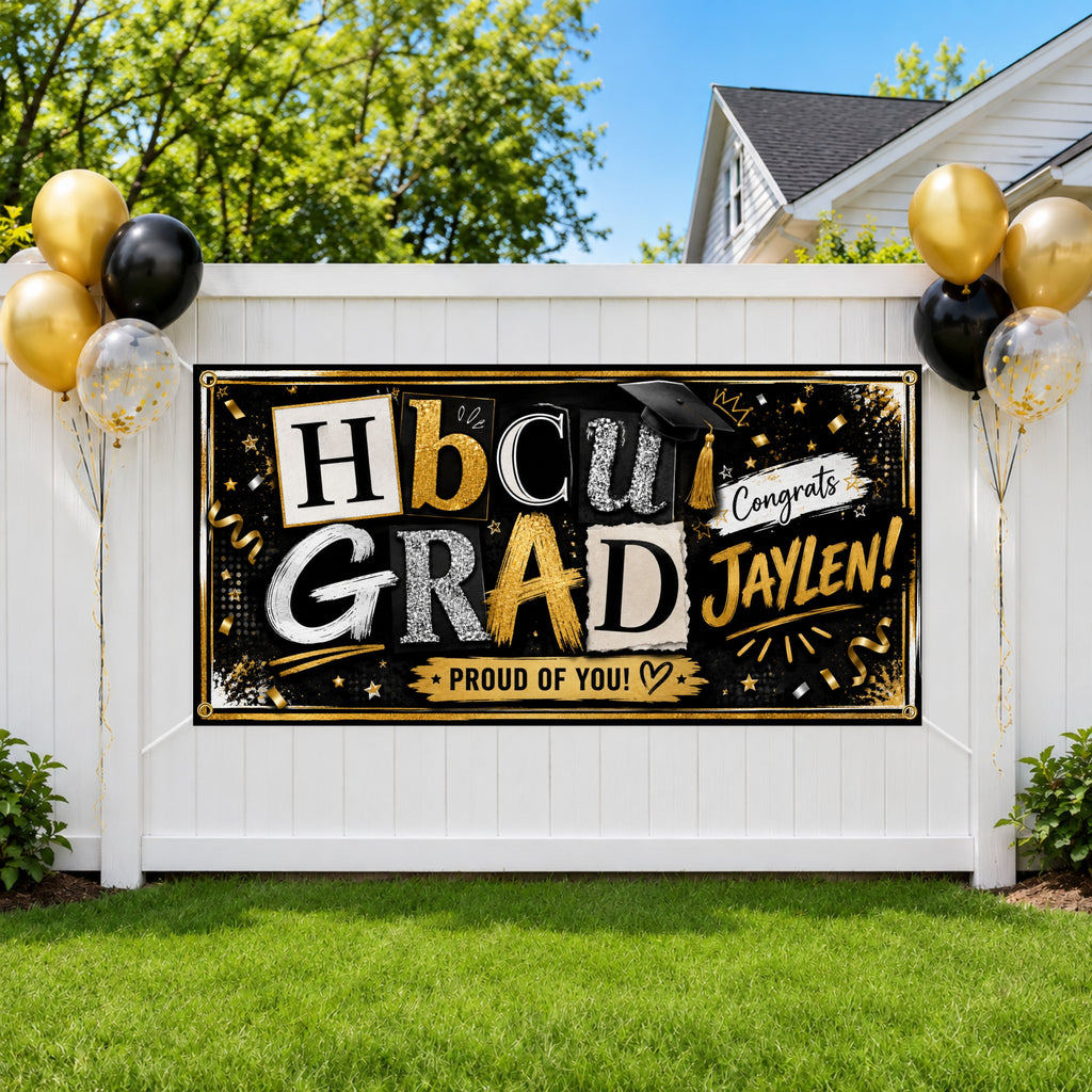 HBCU Graduation Banner, Personalized Grad Sign, Black Gold Backdrop
