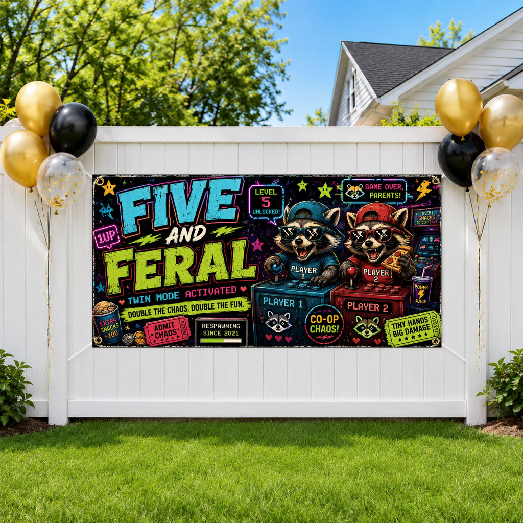 Funny 5th Birthday Banner, Twin Raccoon Party Sign, Gamer Backdrop
