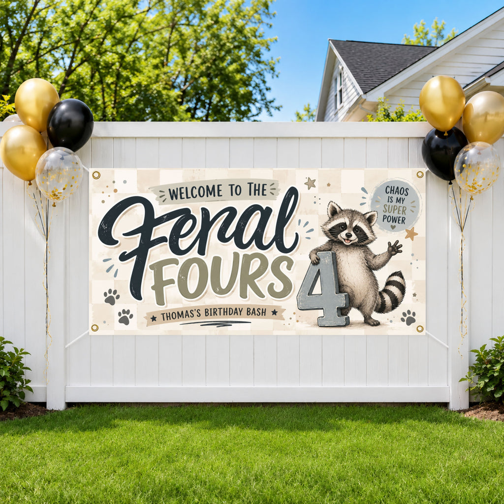 Feral Fours Birthday Banner, 4 Year Old Birthday Party Decor, Funny Raccoon Wild Child Celebration