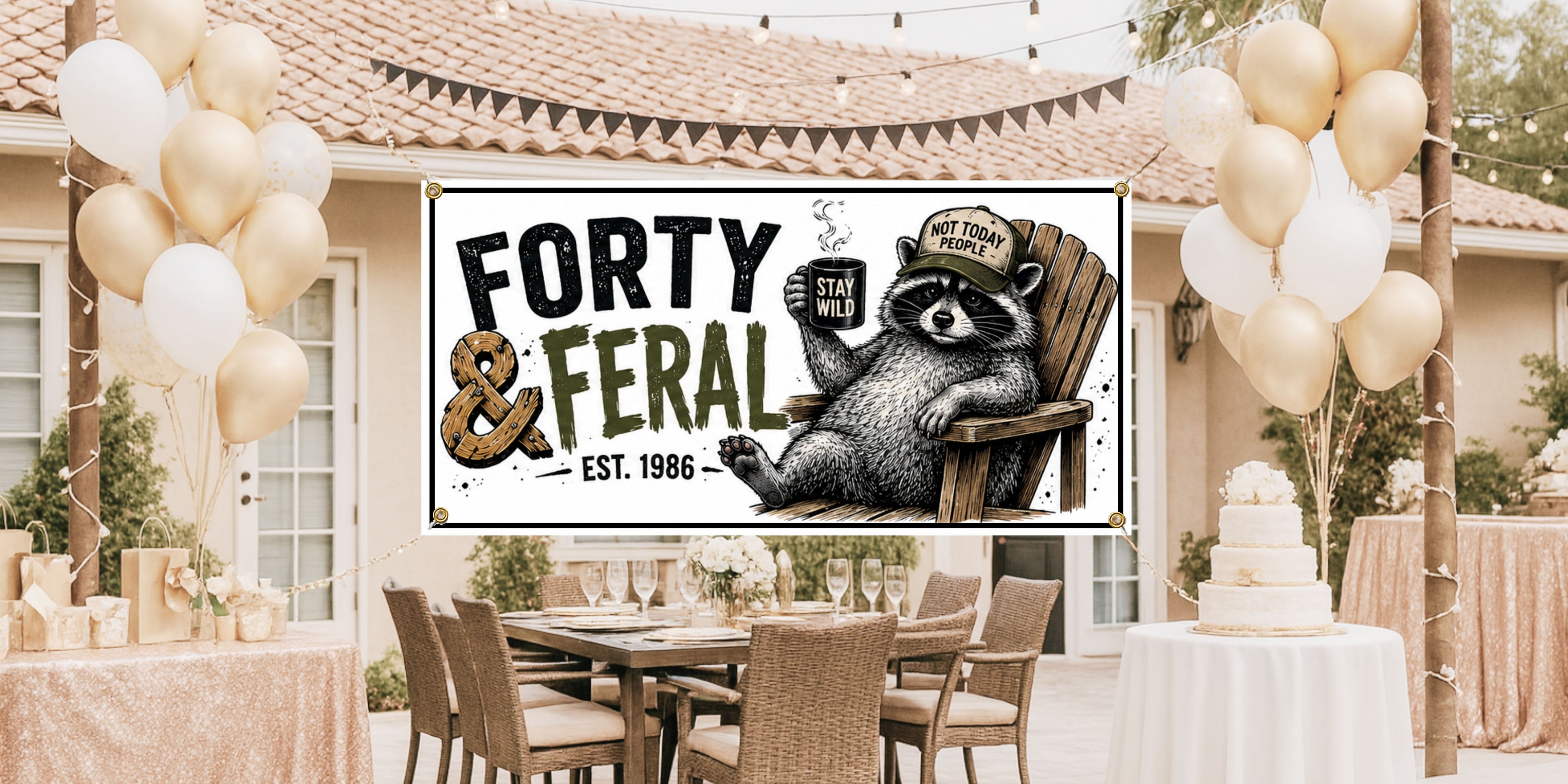 Funny 40th Birthday  Forty and Feral Raccoon Banner