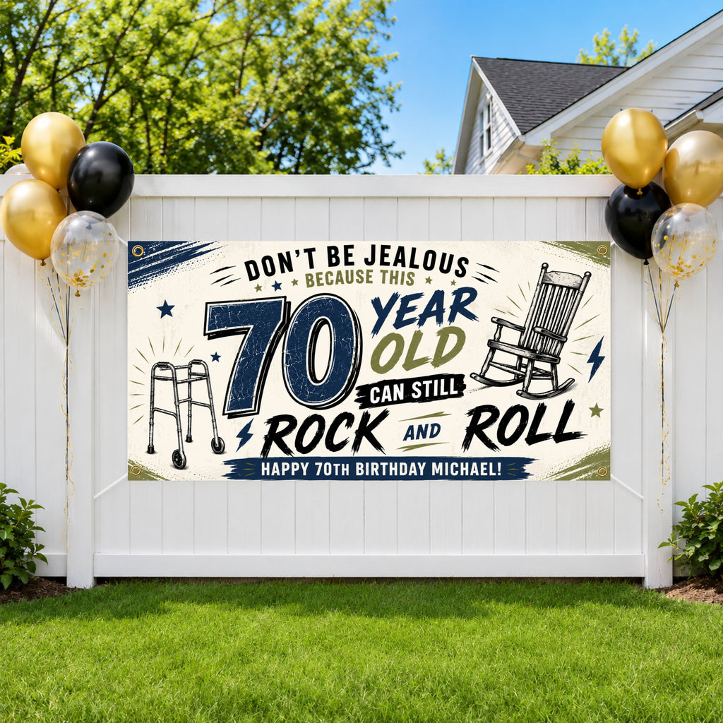 Funny 70th Birthday Banner, Rock and Roll Party Sign, Personalized Backdrop