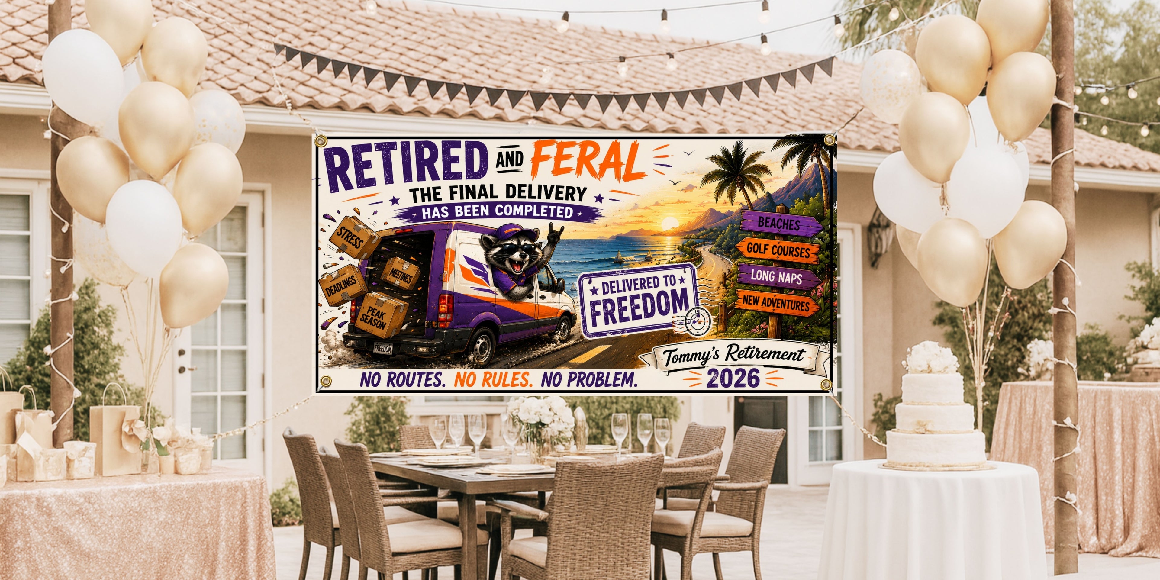 Funny Delivery Driver Retirement Banner | Retired and Feral Delivered to Freedom