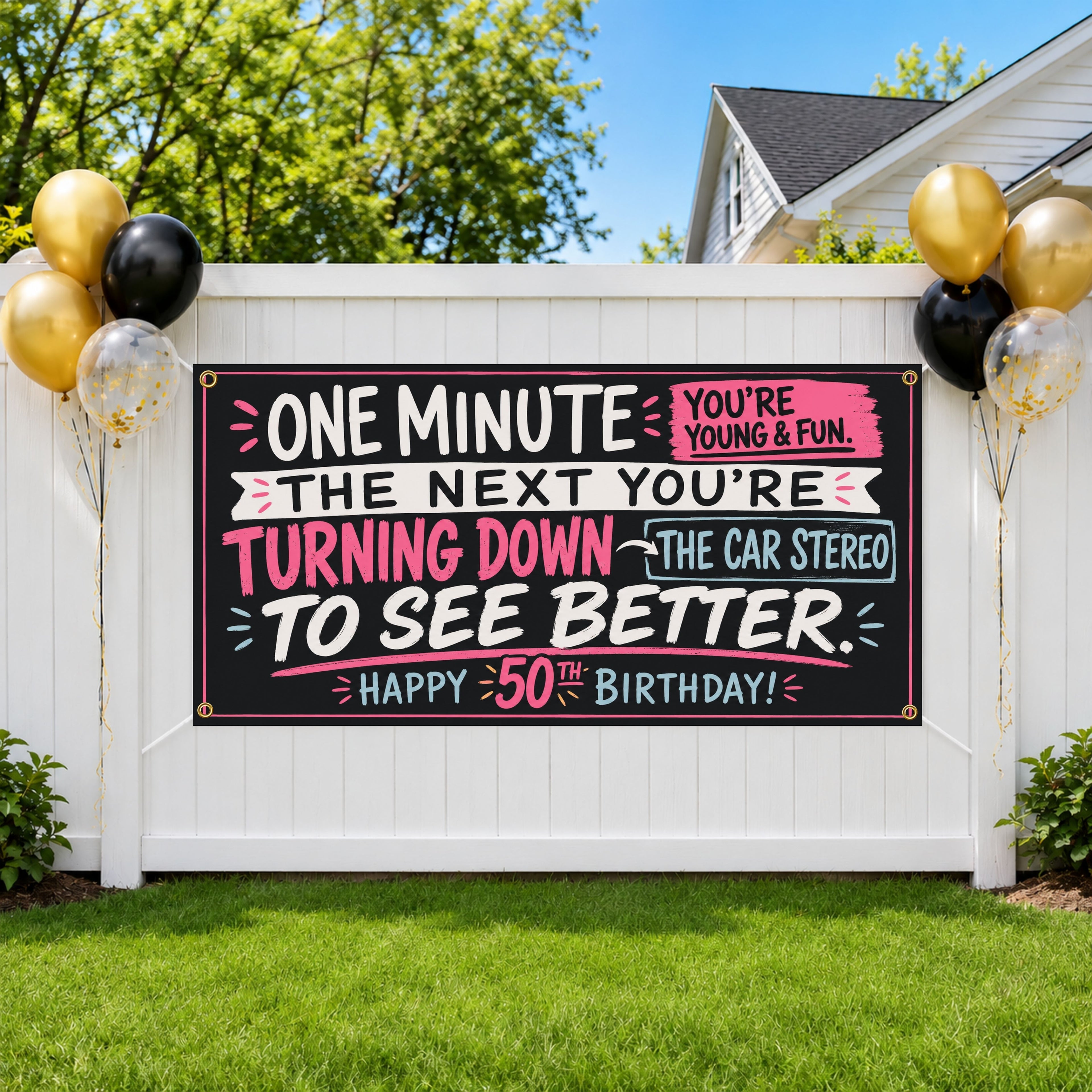 Funny 50th Birthday Banner, Car Stereo Joke Sign, Party Backdrop