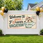 Retirement Party Banner, Forever Vacation Sign, Funny Cat Backdrop