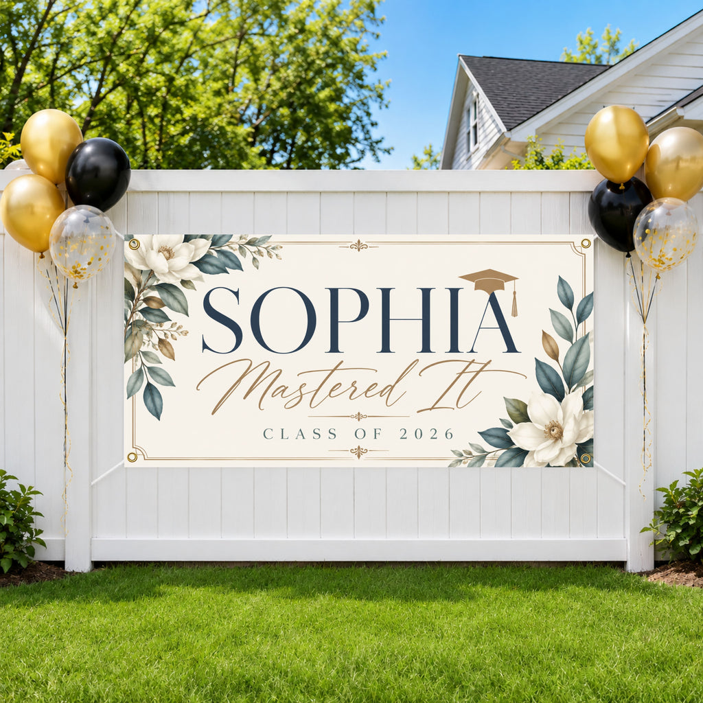 Masters Graduation Banner, Personalized Grad Party Sign, Custom Name Backdrop