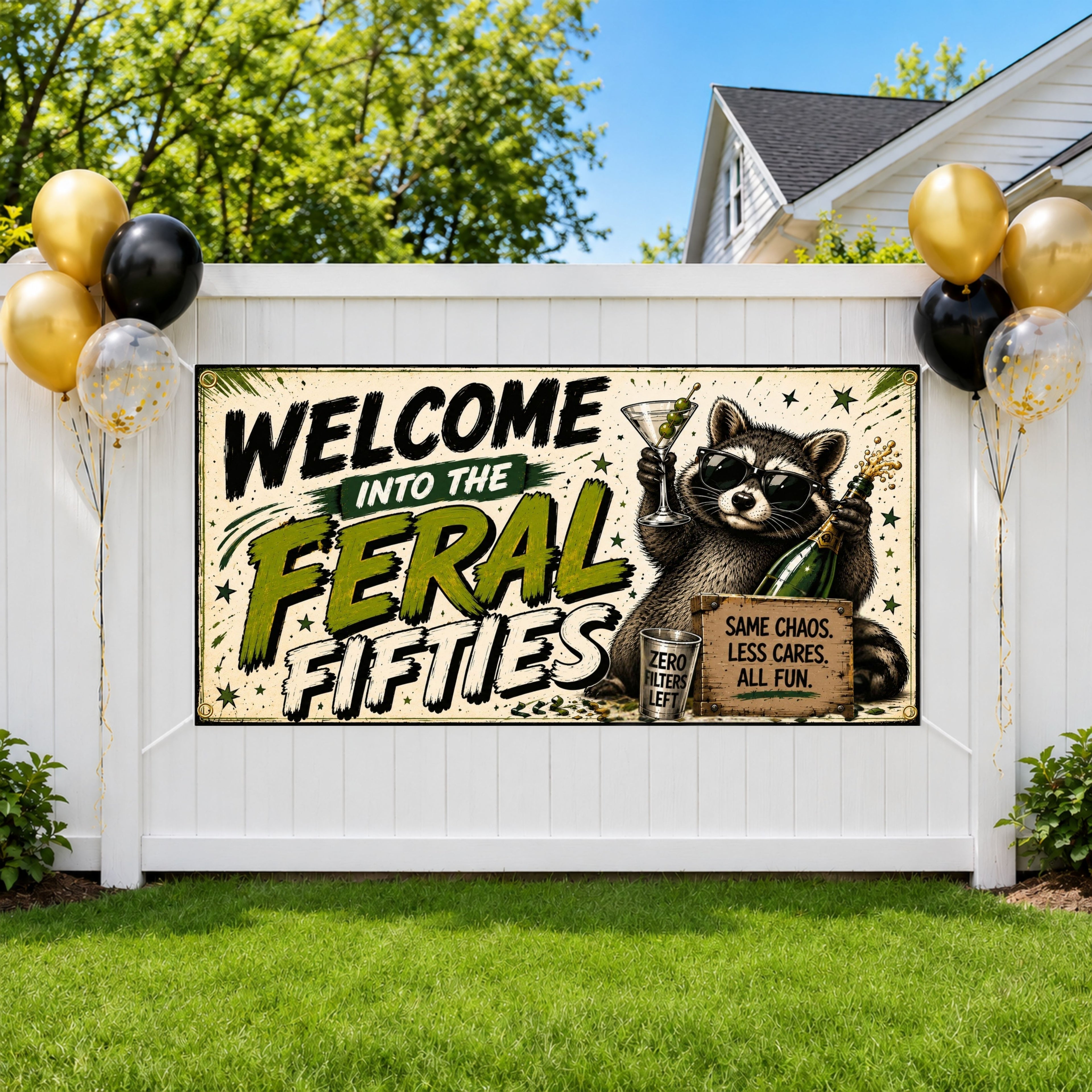 Funny 50th Birthday Banner, Feral Raccoon Sign, Party Backdrop