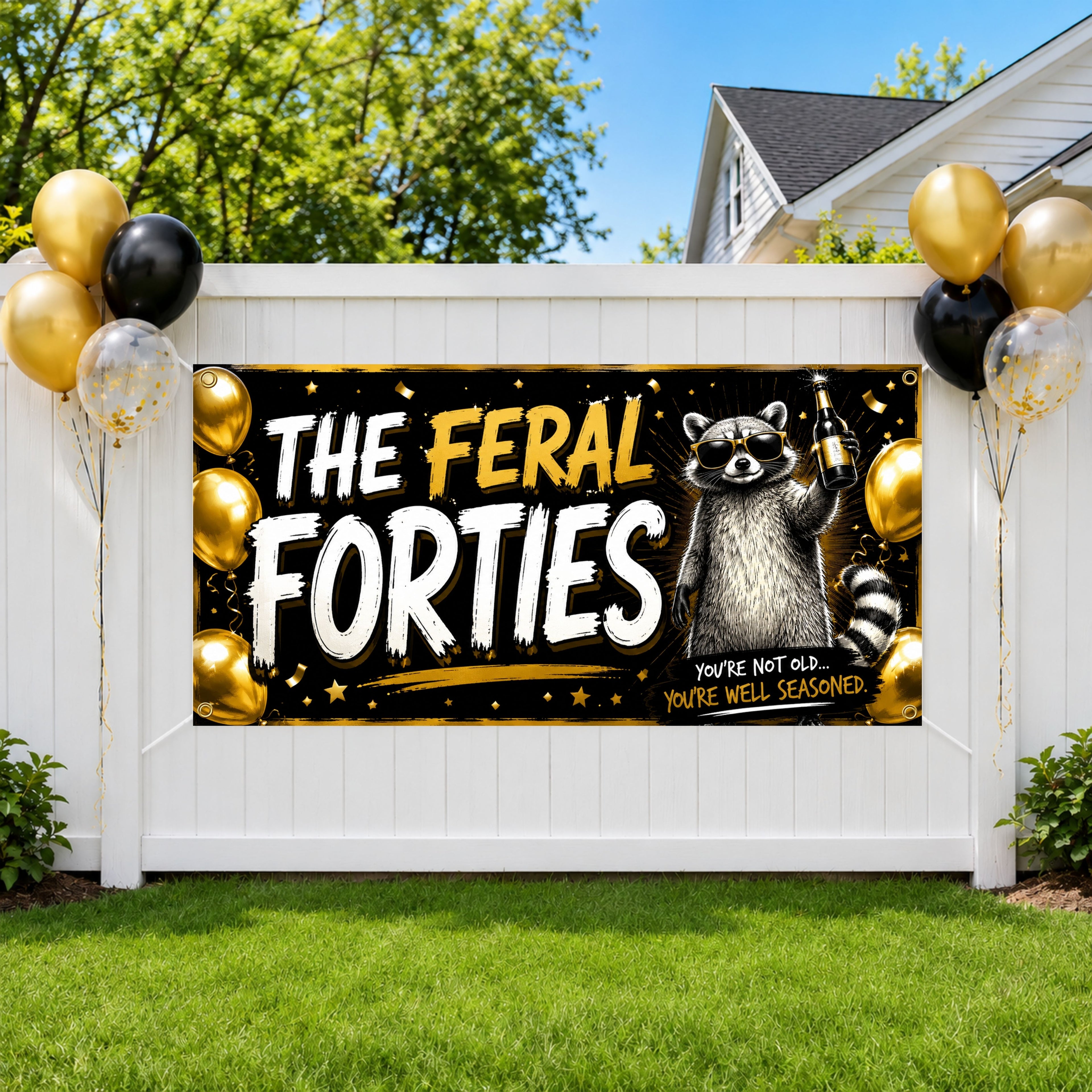 Funny 40th Birthday Banner, Feral Raccoon Sign, Party Backdrop