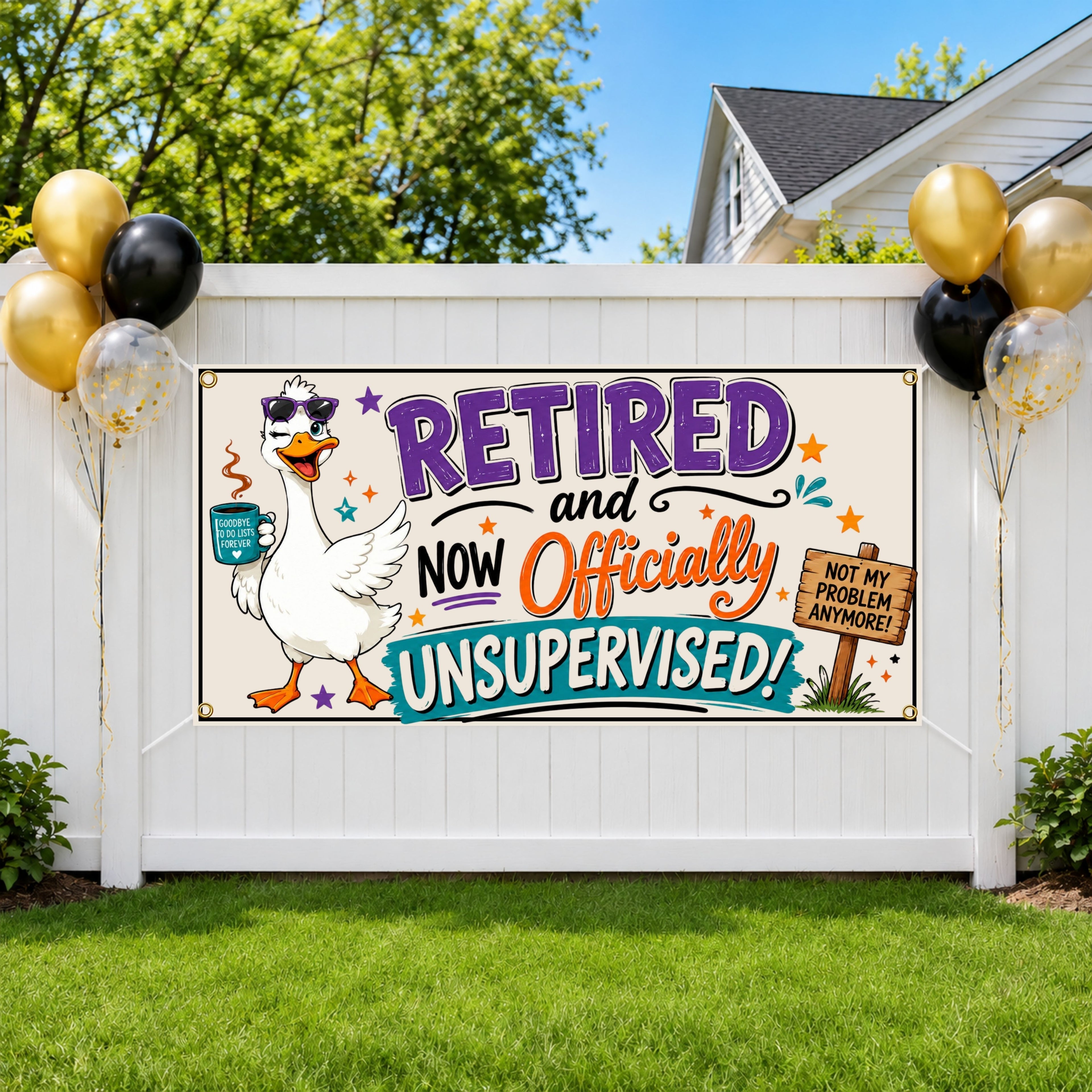 Funny Retirement Banner, Unsupervised Goose Sign, Office Party Backdrop