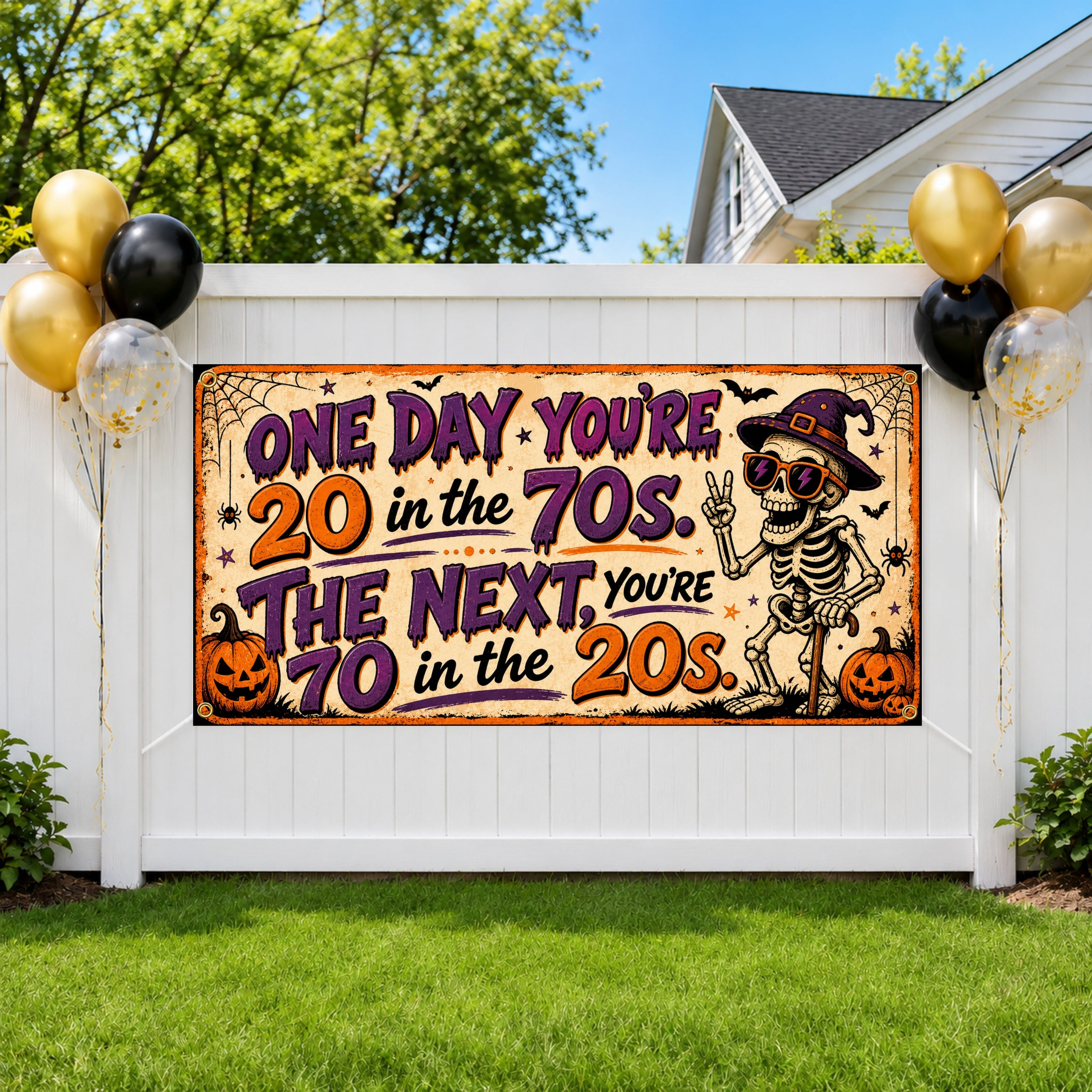 Funny 70th Birthday Banner, Skeleton Joke Sign, Halloween Backdrop
