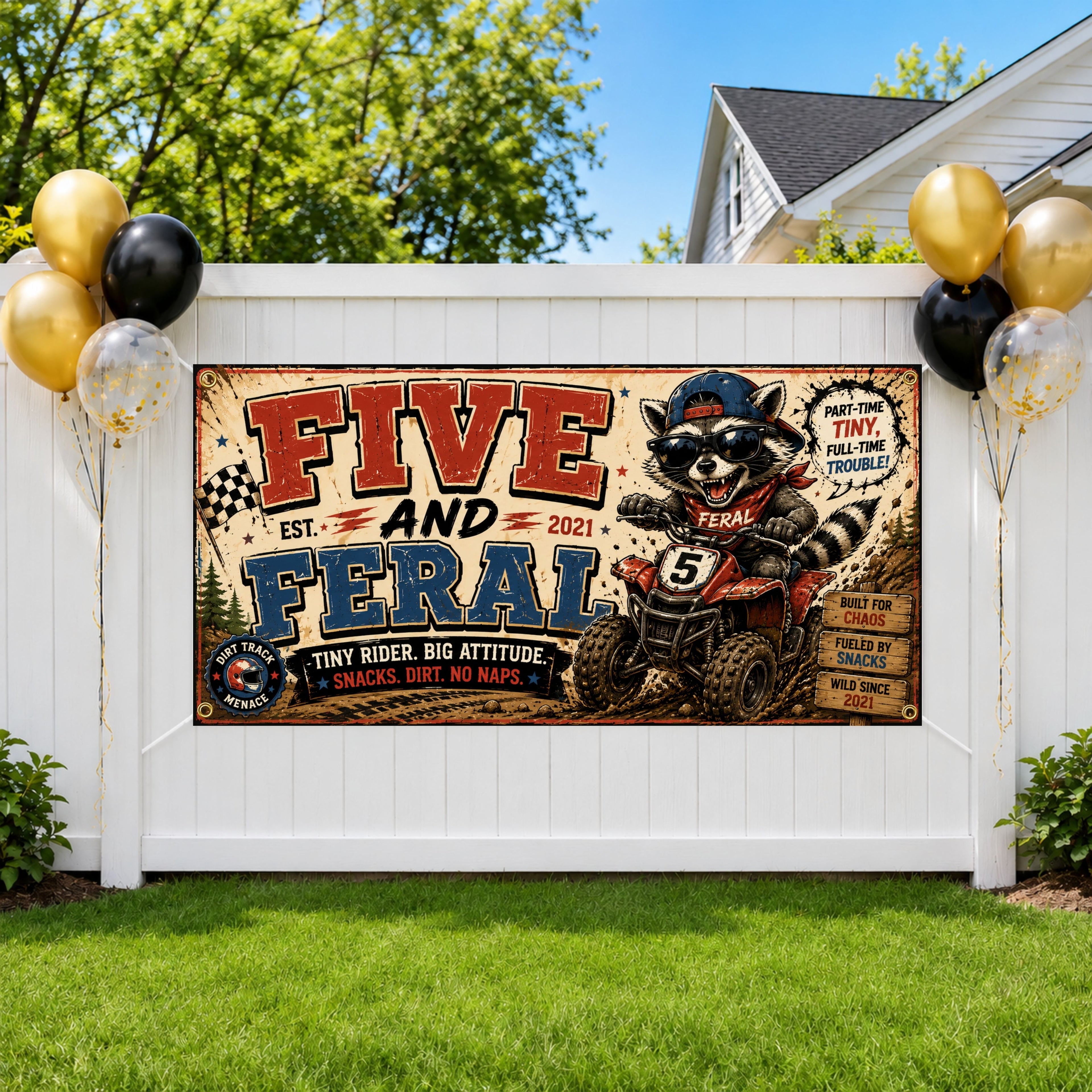 Funny 5th Birthday Banner, ATV Raccoon Party Sign, Personalized Kids Birthday Banner