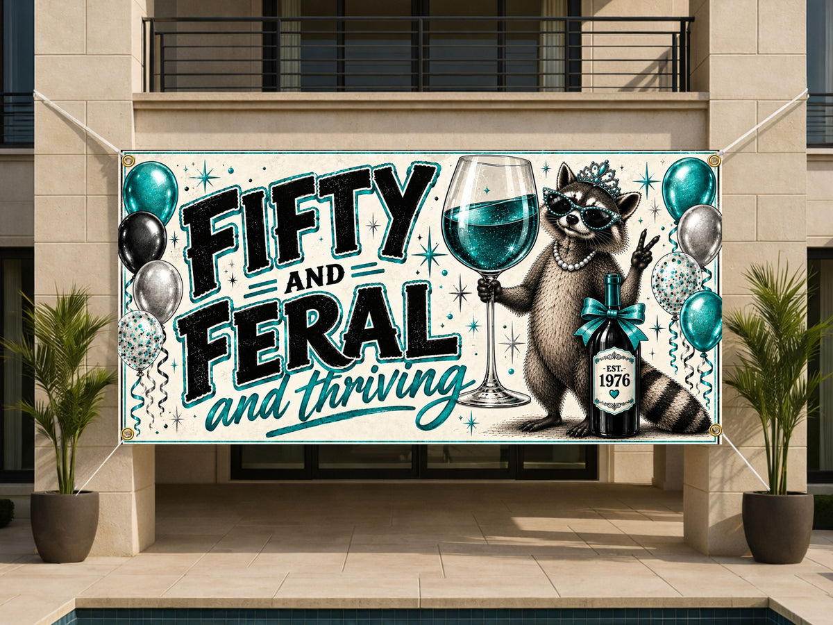 Fifty Feral Raccoon Birthday Banner